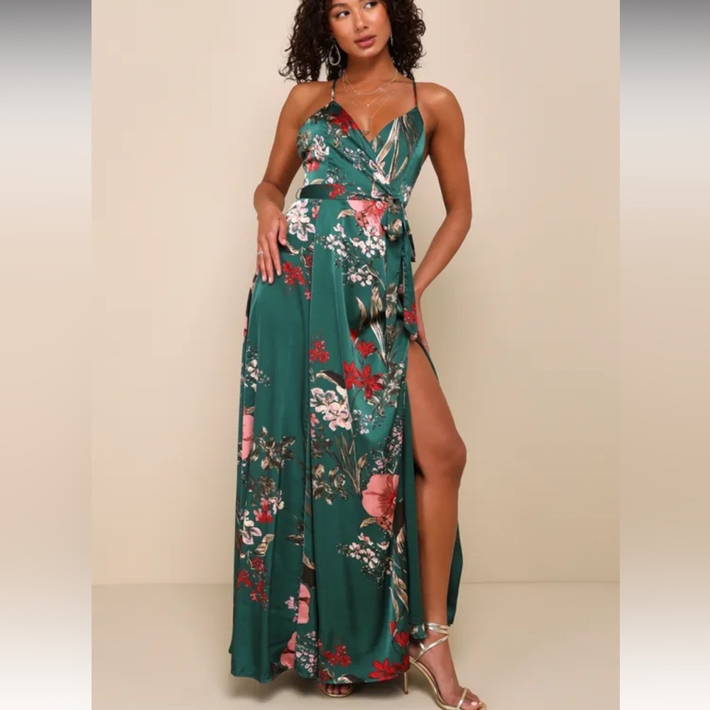 Lulu’s Still the One Emerald Green Floral Print Satin Maxi Dress